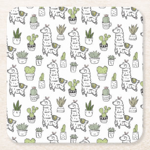 Porta-copo De Papel Quadrado Teste padrão bonito da alpaca & do cacto