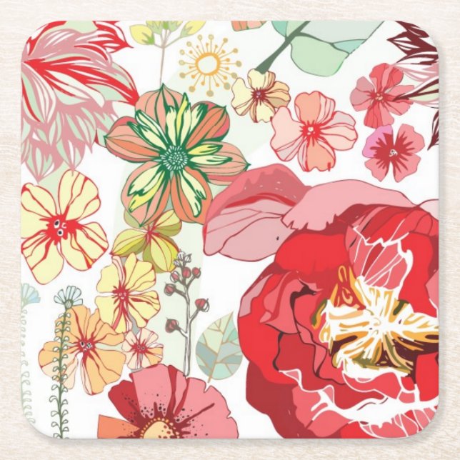 Porta-copo De Papel Quadrado Teste padrão com flores vermelhas (Frente)