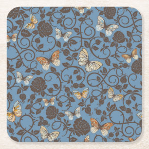 Porta-copo De Papel Quadrado teste padrão com rosas e borboleta