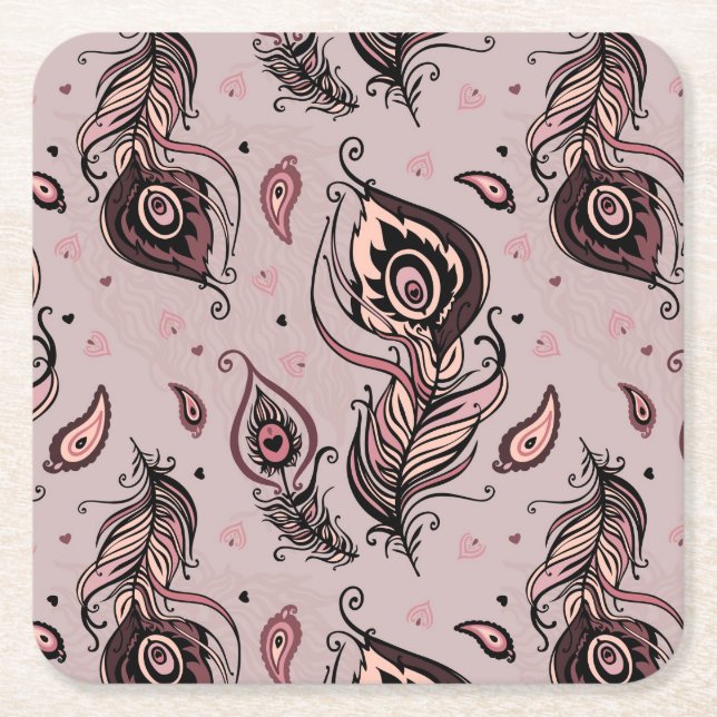 Porta-copo De Papel Quadrado Teste padrão da pena do pavão (Frente)