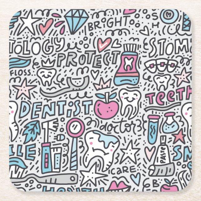 Porta-copo De Papel Quadrado Teste padrão dental dos desenhos animados (Frente)