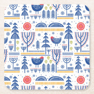 Porta-copo De Papel Quadrado Teste padrão do pássaro do inverno da arte popular