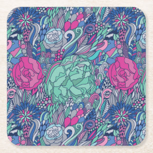 Porta-copo De Papel Quadrado Teste padrão floral colorido do Doodle