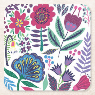 Porta-copo De Papel Quadrado Teste padrão floral da arte popular magenta