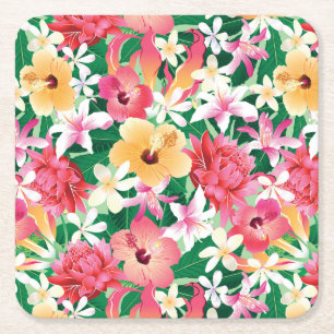 Porta-copo De Papel Quadrado Teste padrão floral do hibiscus tropical