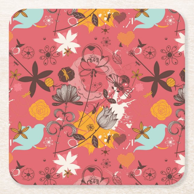 Porta-copo De Papel Quadrado Teste padrão floral retro 7 (Frente)