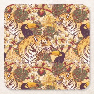 Porta-copo De Papel Quadrado Teste padrão floral tropical com tigre