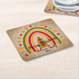 Porta-copo De Papel Quadrado Texto da Árvore 20xx do Arco-Íris Moderno de Natal