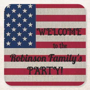 Porta-copo De Papel Quadrado Texto de Caligrafia Linen, Bandeira Americana Patr