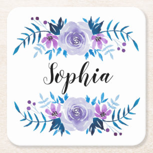 Porta-copo De Papel Quadrado Texto Personalizado de Texto Floral Púrpura Azul-C