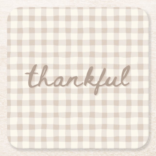 Porta-copo De Papel Quadrado Thankful Neutral Tan Gingham  (Frente)