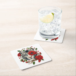 Porta-copo De Papel Quadrado Tigre branco com Rosas vermelhas - Floral de vida