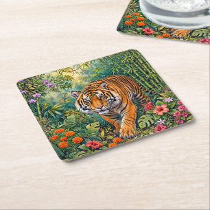 Porta-copo De Papel Quadrado Tigre de Bengala Vibrante Selva de Bambu