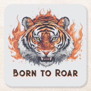 Porta-copo De Papel Quadrado Tigre ferido com chamas - Texto personalizável