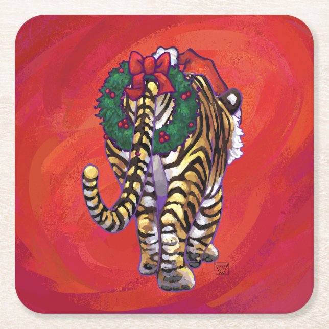 Porta-copo De Papel Quadrado Tigre Natal em Vermelho (Frente)