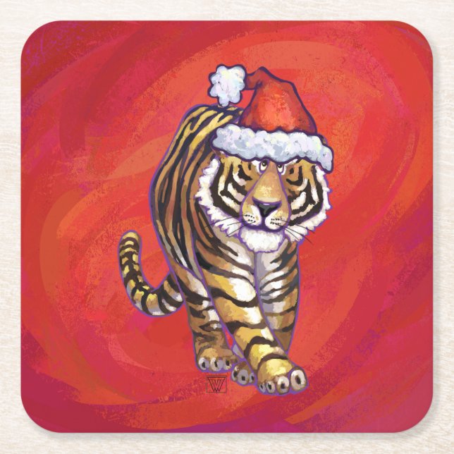 Porta-copo De Papel Quadrado Tigre Natal em Vermelho (Frente)