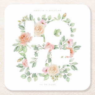Porta-copo De Papel Quadrado Tipografia de AMOR com Rosas e Folhagens em Aquare