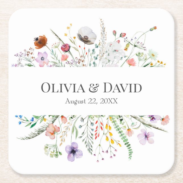 Porta-copo De Papel Quadrado Toalhete Quadrado de Casamento com Prado de Flores (Frente)