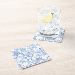 Porta-copo De Papel Quadrado Toile de Chinoiserie Azul Dragão Flor de Cerejeira