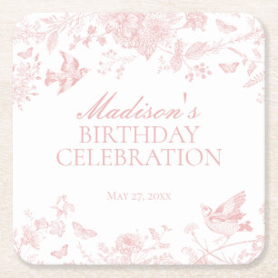 Porta-copo De Papel Quadrado Toile Rosa De Jouy Vintage - Aniversário Floral