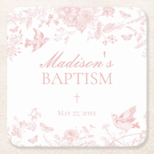 Porta-copo De Papel Quadrado Toile Rosa De Jouy Vintage - Batismo Floral