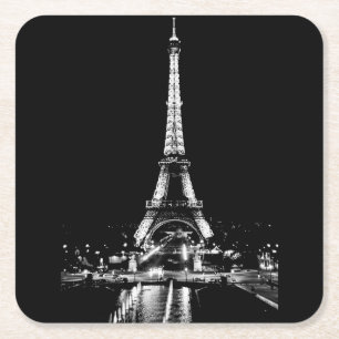 Porta-copo De Papel Quadrado Torre Eiffel em porta copos branca e preto à noit