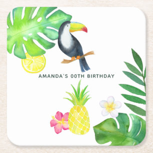 Porta-copo De Papel Quadrado Toucan Tropical Watercolor Summer Birday