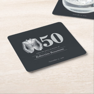 Porta-copo De Papel Quadrado Traje Elegante Masculino Preto Prata 50º Aniversár