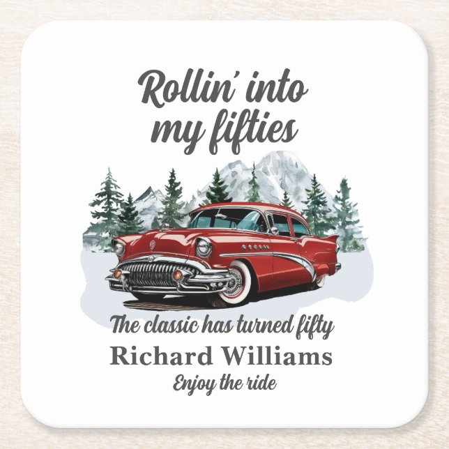 Porta-copo De Papel Quadrado Travel Classic Retro Car Rolling 50th Birthday (Frente)