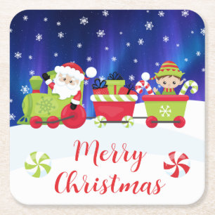 Porta-copo De Papel Quadrado Trem de Natal fofo com Papai Noel e Elfo