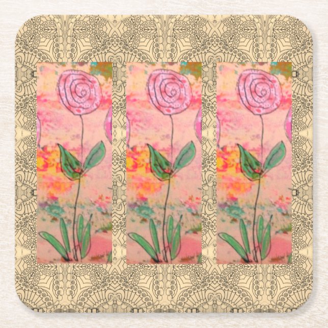Porta-copo De Papel Quadrado Três Flores Espirais (Frente)