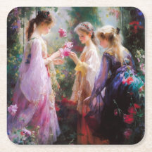 Três garotas brincando num jardim