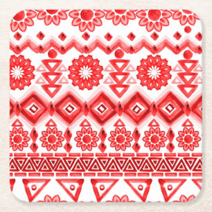 Porta-copo De Papel Quadrado Tribal vermelho, padrão étnico de aquarela.