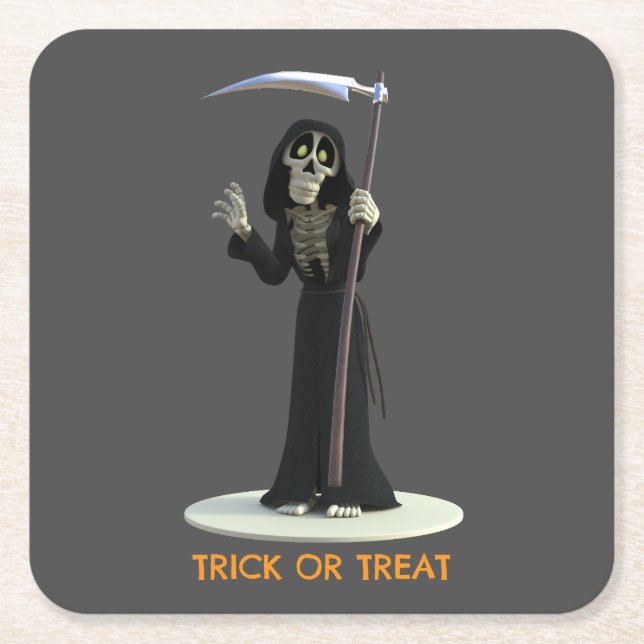 Porta-copo De Papel Quadrado Trick or Treat. Cartoon Grim Reaper (Frente)