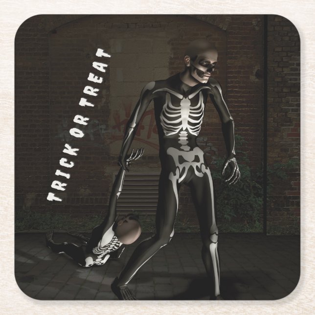 Porta-copo De Papel Quadrado Trick or Treat. Man dressed as skeleton (Frente)