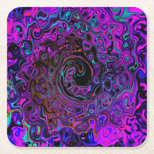 Porta-copo De Papel Quadrado Trippy Black and Magenta Retro Liquid Swirl (Frente)