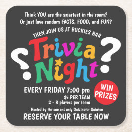 Porta-copo De Papel Quadrado Trivia Night game night colorful quiz promotional
