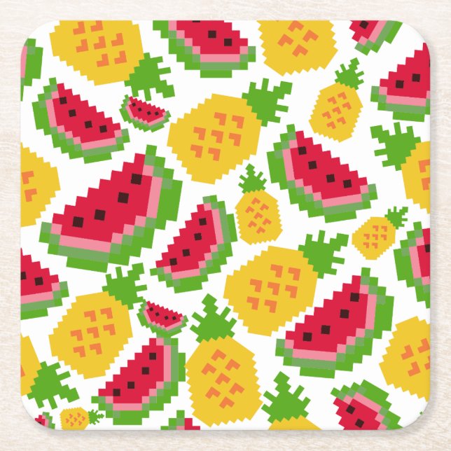 Porta-copo De Papel Quadrado Tropical Watermelon and Pineapple Pixel Pattern (Frente)