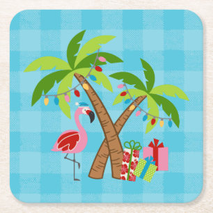 Porta-copo De Papel Quadrado Trópicos Festivos Férias Flamingo e Palmeiras