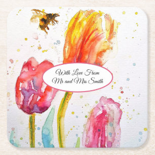 Porta-copo De Papel Quadrado Tulipa Vermelha Rosa e Pintura de Aquarela de Abel