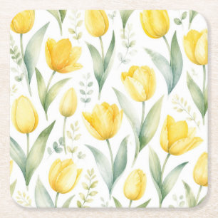 Porta-copo De Papel Quadrado Tulipas Amarelas Pintura Floral Aquarela Botânica