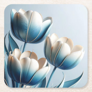 Porta-copo De Papel Quadrado Tulipas Azuis e Brancas Elegantes
