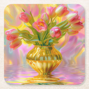 Porta-copo De Papel Quadrado Tulipas Rosa Vibrantes em Vase Ouro
