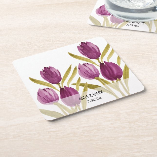 Porta-copo De Papel Quadrado Tulipas Roxas Aquarela Elegante (Inclinado)