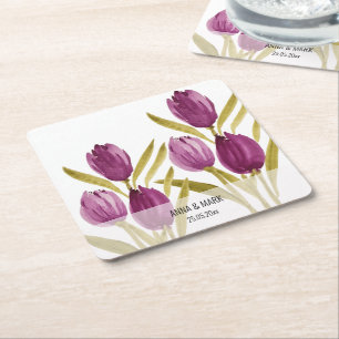 Porta-copo De Papel Quadrado Tulipas Roxas Elegante Aquarela