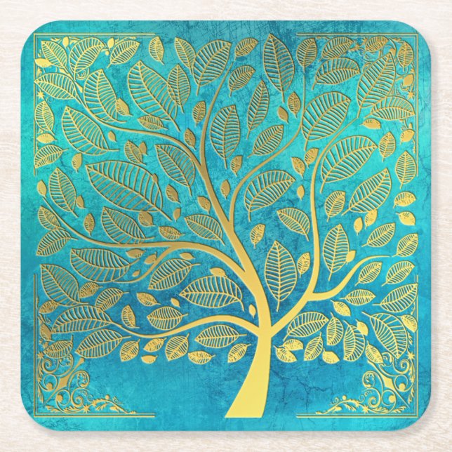 Porta-copo De Papel Quadrado Turquesa Azul e Árvore da Vida Dourada (Frente)