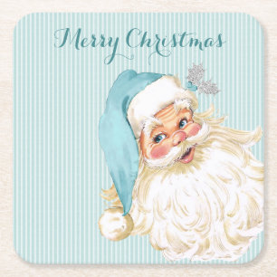 Porta-copo De Papel Quadrado Turquesa Santa Claus Vitoriano Listrado