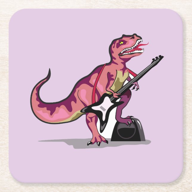 Porta-copo De Papel Quadrado Tyrannosaurus Rex Tocando Violão. (Frente)