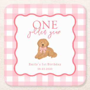 Porta-copo De Papel Quadrado Um Ano Dourado de Gingham Rosa para Meninas no Pri