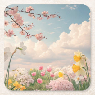 Porta-copo De Papel Quadrado Um Fundo Floral de Primavera